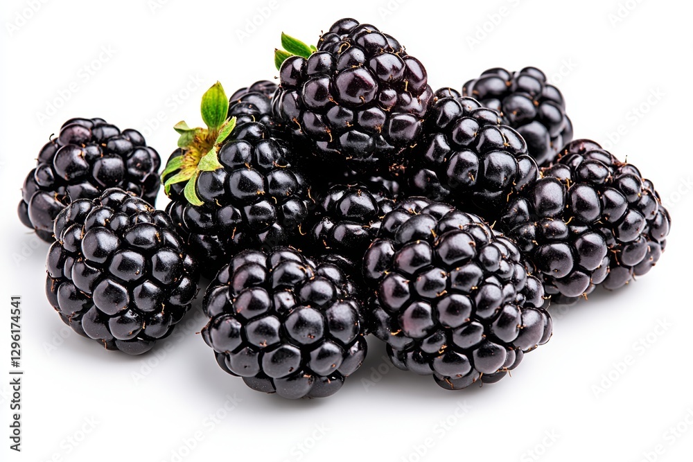 Blackberries, ultra-realistic stock photography with a solid white background, captured using a high-resolution digital camera and bright daylight to capture the subject in sharp detail. The Blackberries, ultra-realistic stock photography with a solid white background, captured using a high-resolution digital camera and bright daylight to capture the subject in sharp detail. The