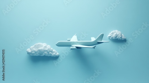 A minimalist travel tableau, a sleek blue backdrop adorned with the silhouette of a plane and a wispy cloud, inviting viewers to envision their next adventure.