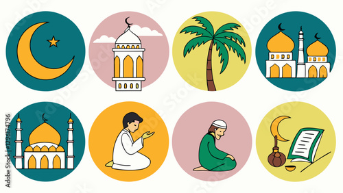 Eight ramadan muslim celebration icons