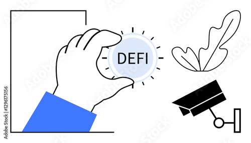Hand holds coin labeled DEFI with camera and leaf nearby. Ideal for finance, cryptocurrency, blockchain, decentralized systems, security, innovation, sustainability. Simplifies complex financial