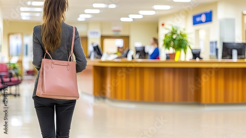 Woman walking in modern clinic lobby, waiting area