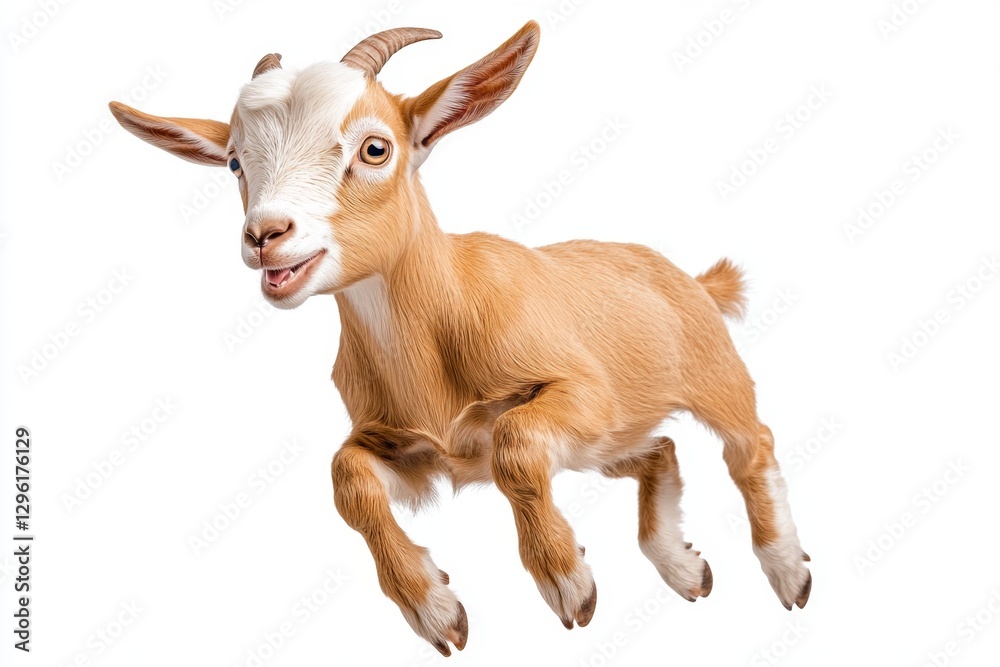Obraz premium Cute brown goat jumping, isolated on a white background, high-quality photograph