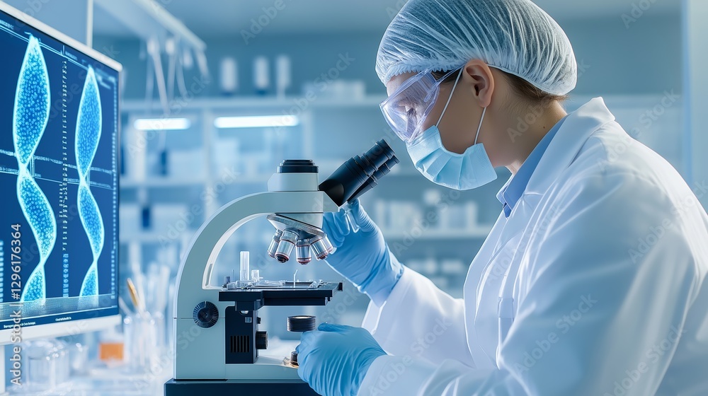 Scientist conducting research in a laboratory using a microscope while analyzing data on a computer screen