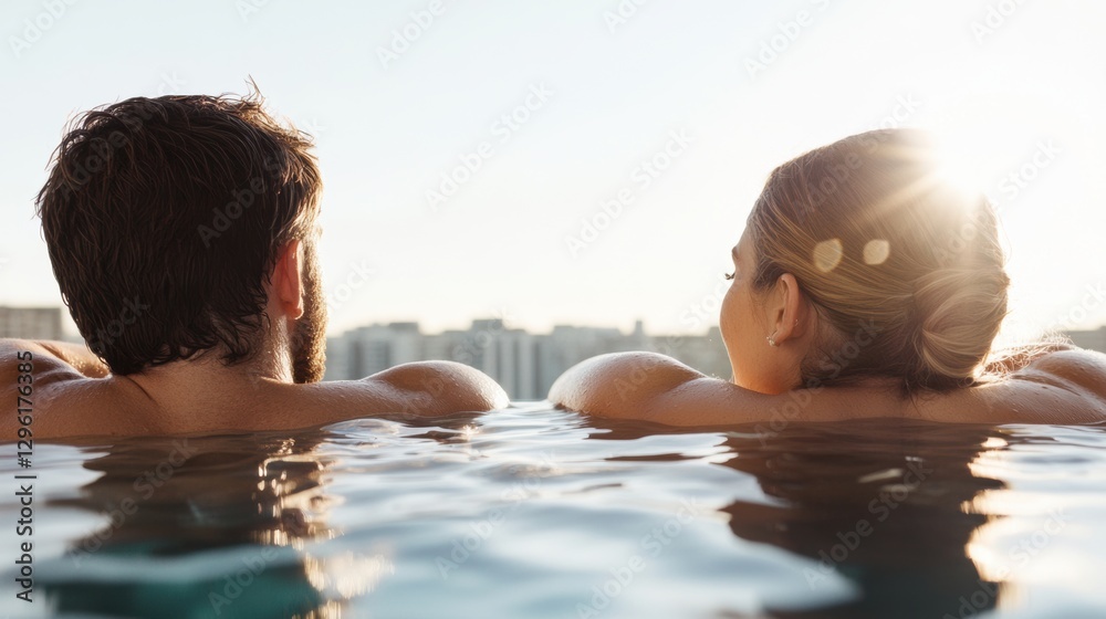 Fototapeta premium Couple enjoys evening swim in rooftop infinity pool with city skyline during sunset, embracing tranquility after a hot day