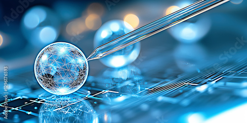 Futuristic science and technology concept with glowing sphere and dropper