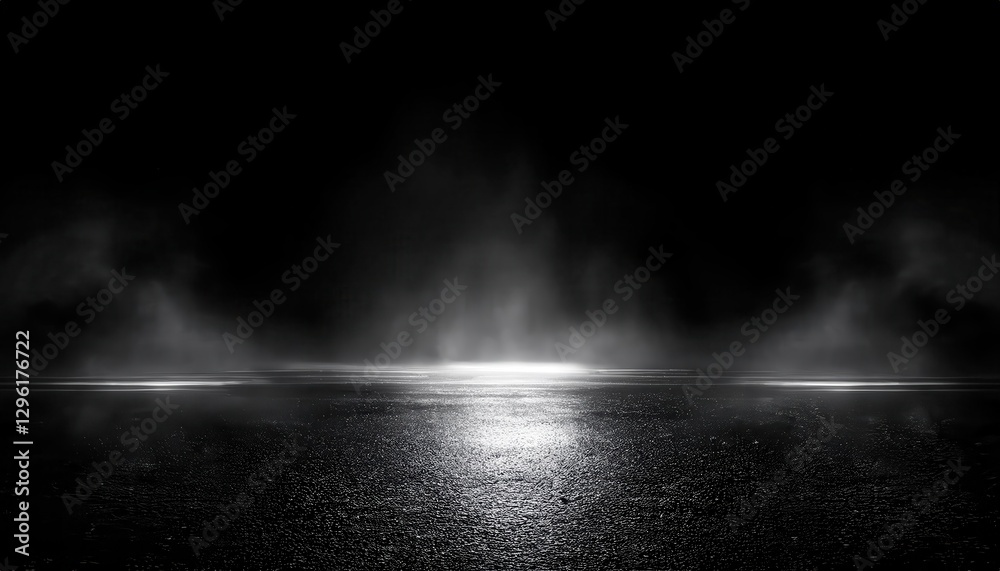 Fototapeta premium dramatic night road with wet asphalt, glowing headlights and fog, cinematic background for mystery, thriller, or noir