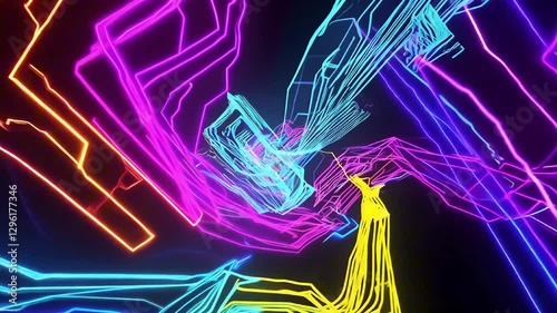 Dancing moving neon lines on black background. Abstract techno background, modern digital art. Illuminated backdrop, electric dance of neon