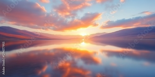 Sunset Serenity, Vivid Clouds Reflected, Spectacular Sky and Colorful Landscape Over Mountain Lake