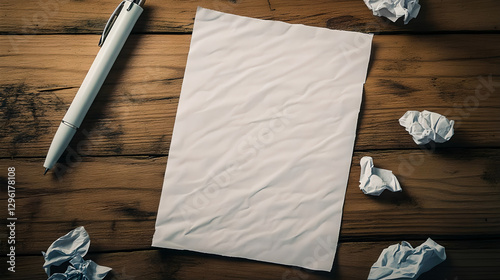 White sheet on the table, next to the handle and crumpled sheets of paper. Writing theme. Writer's day