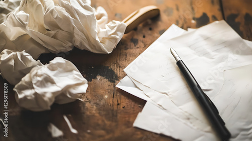 White sheet on the table, next to the handle and crumpled sheets of paper. Writing theme. Writer's day