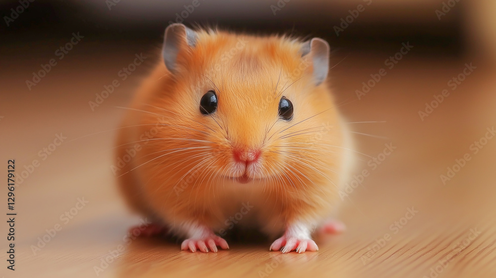 Charming golden hamster exploring a wooden floor in a cozy indoor setting during daylight hours Charming golden hamster exploring a wooden floor in a cozy indoor setting during daylight hours