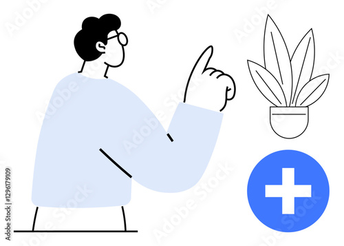 Person pointing upwards towards a blue healthcare cross sign and a potted plant. Ideal for wellness, healthcare support, growth, healing, medical advice, environmental care, personal growth. Abstract