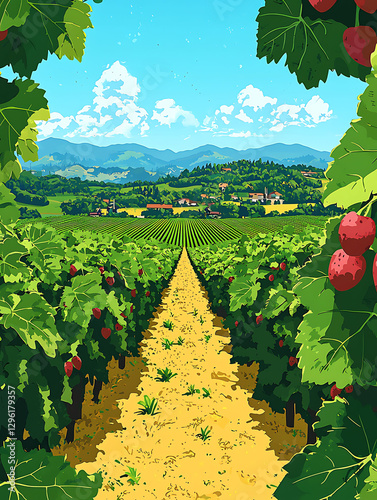 Idyllic vineyard path leading to a picturesque village nestled in rolling hills under a vibrant sky.  Perfect for illustrating agriculture, travel, wine, or rural life.  Vibrant, stylized art style.