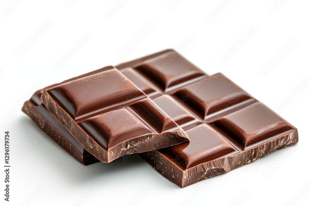 Help me create some images of chocolate, cut into pieces, with a white background, in the front view, side view, and top view, using hyper-realistic photography Help me create some images of chocolate, cut into pieces, with a white background, in the front view, side view, and top view, using hyper-realistic photography