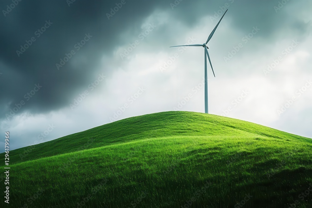 dynamic wind turbine spinning atop a grassy hill sleek white blades slicing through a stormy gray sky vibrant greens and silvers modern and ecopowered grace dynamic wind turbine spinning atop a grassy hill sleek white blades slicing through a stormy gray sky vibrant greens and silvers modern and ecopowered grace