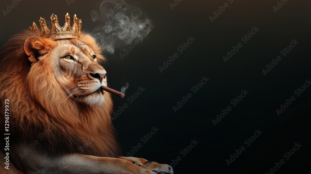 Majestic lion smoking with crown dark background wildlife portrait artistic close-up royalty concept Majestic lion smoking with crown dark background wildlife portrait artistic close-up royalty concept