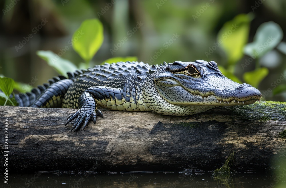 Fototapeta premium Serene Alligator Resting on Log in Lush Wetland Surrounded by Greenery and Reflections in a Calm Waterbody