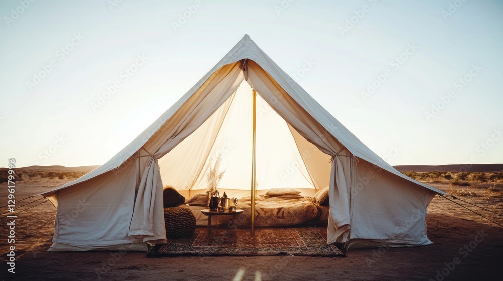Luxury Bedouin tent elegantly set amidst vast desert landscape, inviting serenity with traditional tea setup and intricate carpets