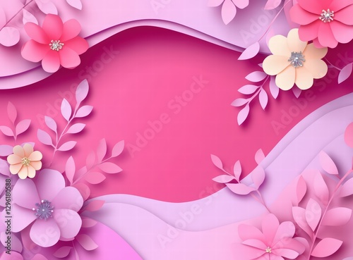 Spring sale banner template with paper cut flowers and leaves on pink background. Springtime special offer poster or card design for advertising, promotion of goods in shop.