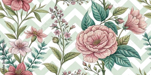 Vintage Botanical Silhouette Zigzag Pattern, Art Deco Plant Clipart, Retro Floral Design, Dark Silhouette Illustration