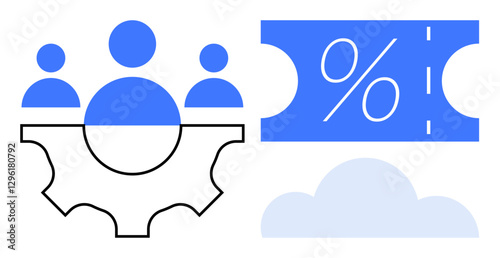Three people collaborating over a gear, a discount ticket with a percentage symbol, and a cloud icon. Ideal for teamwork, collaboration, efficiency, discounts, promotions, cloud services digital