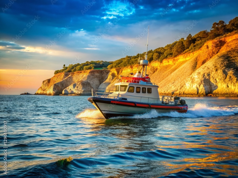 Obraz premium Coast Guard Patrol Boat on Black Sea Shore - Dramatic Coastal Scene