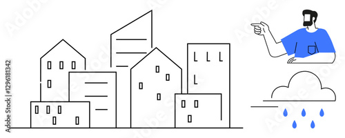Black and white outlined buildings with a man in a blue shirt pointing, next to a cloud with blue raindrops. Ideal for urban planning, architecture, weather forecast, real estate, environmental
