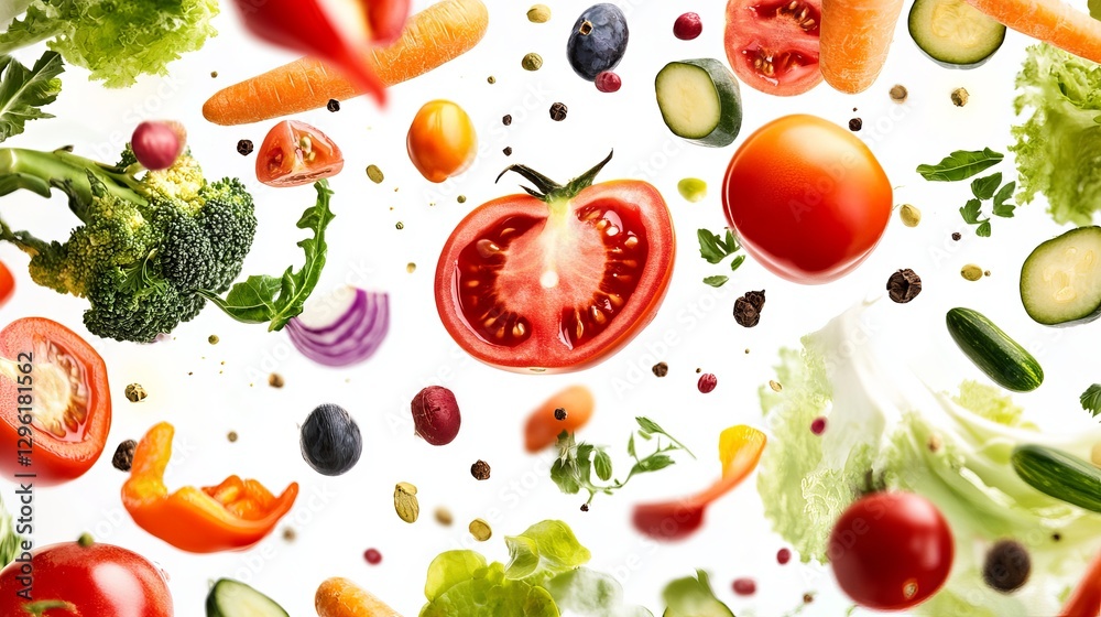 A variety of fresh vegetables and fruits falling on a white background A variety of fresh vegetables and fruits falling on a white background