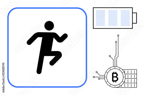 Black silhouette of a running person inside a blue-bordered square. Top right shows a battery sign. Bottom right shows a Bitcoin symbol with circuit lines. Ideal for technology, fitness