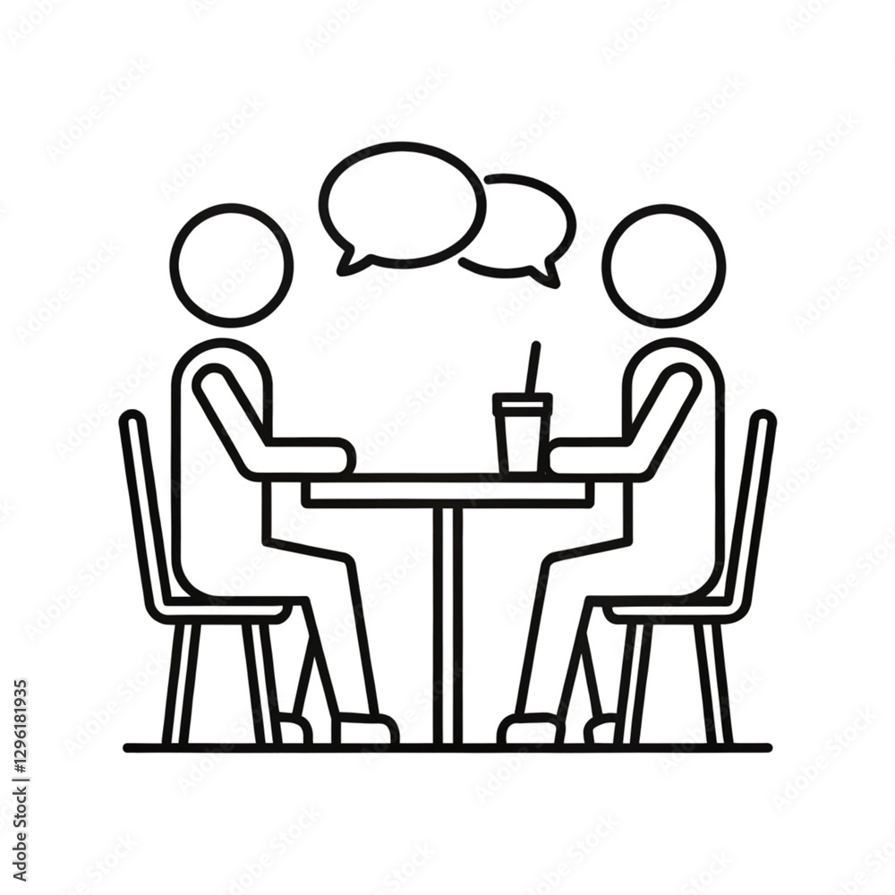 A simple black and white icon-style drawing of two stick figures sitting at a table on a transparent background A simple black and white icon-style drawing of two stick figures sitting at a table on a transparent background