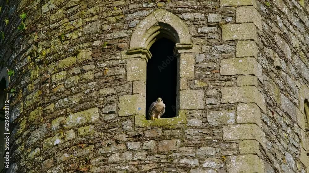 A solitary bird rests in the arched window of an ancient medieval stone tower, surrounded by weathered stone and climbing vines. A solitary bird rests in the arched window of an ancient medieval stone tower, surrounded by weathered stone and climbing vines.