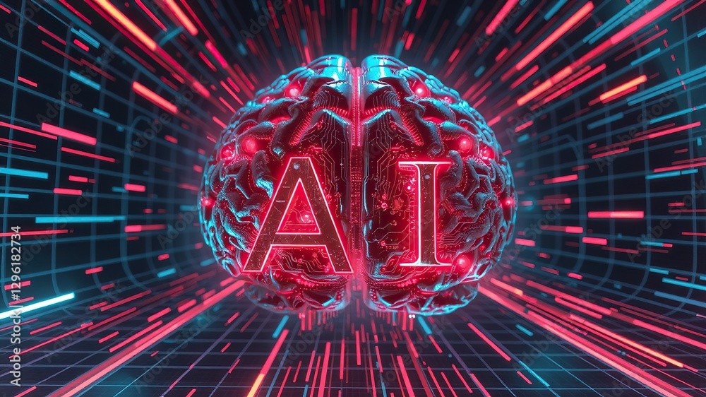 Fototapeta premium A metallic brain glowing in red and blue with the letters