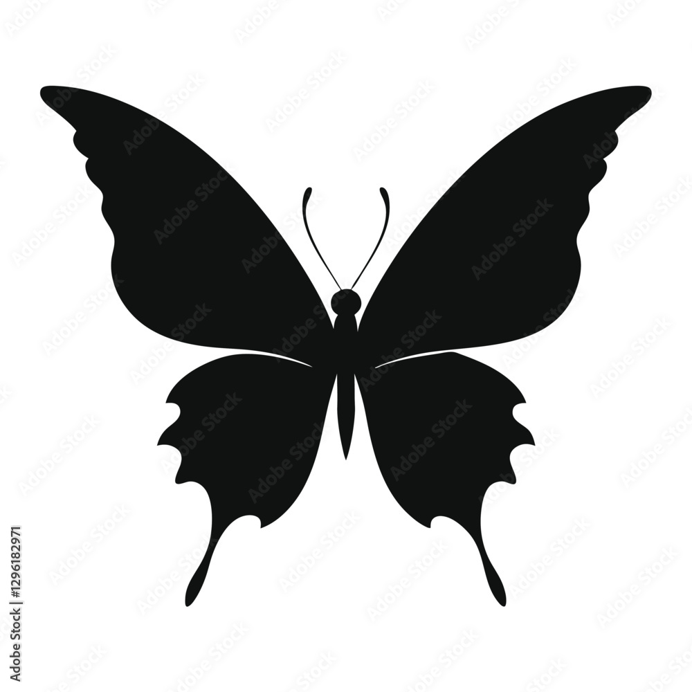 A black silhouette of a butterfly in mid-flight, wings spread elegantly with delicate details in the edges A black silhouette of a butterfly in mid-flight, wings spread elegantly with delicate details in the edges