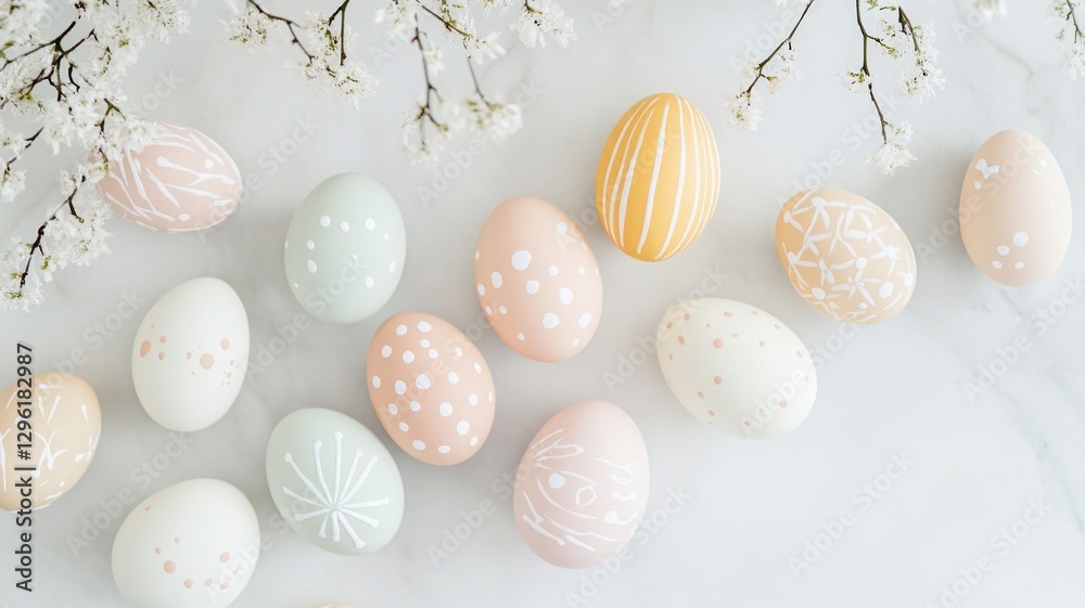 Obraz premium A modern take on Ukrainian Pysanky, featuring pastel-colored eggs with minimalist folk-inspired designs