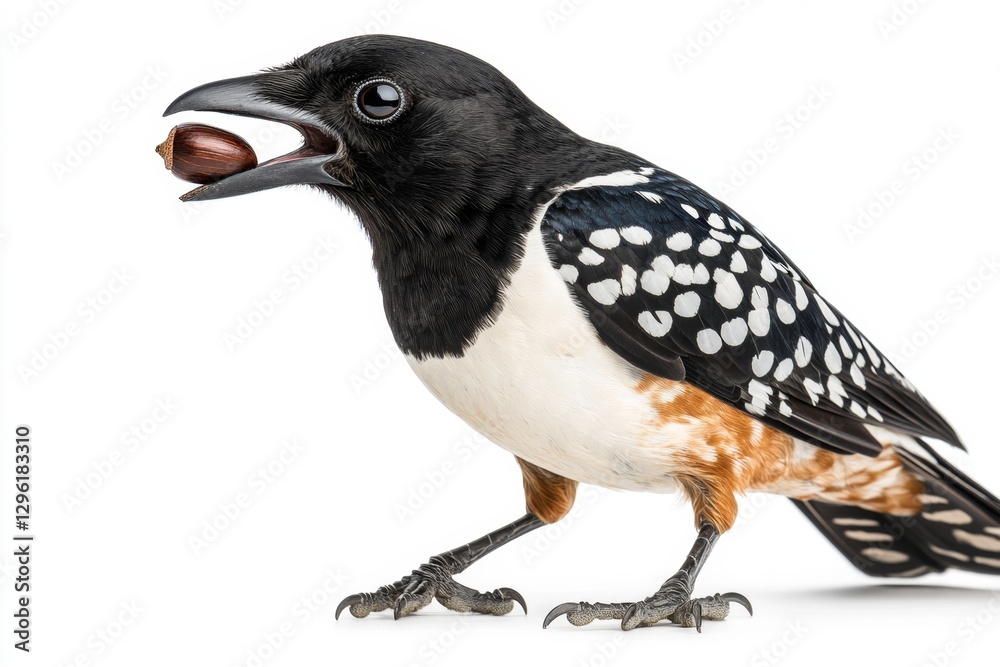 Fototapeta premium Realistic photo of a brown and white bird with a black head, eating an acorn on the ground, isolated in front of a pure white background. The perspective is from a side view
