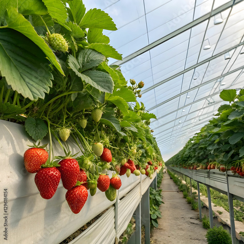 rows of fresh organic strawberries growing at green