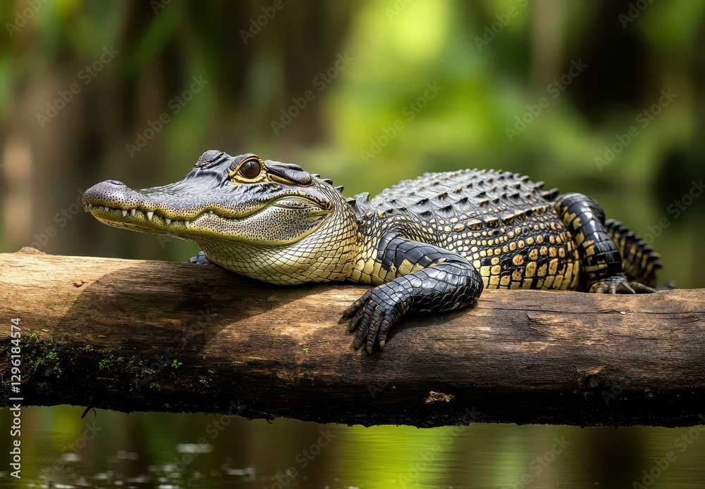 Serene Crocodile Resting on Log by Calm Water Surrounded by Lush Greenery in Tropical Habitat Captured in High-Resolution Detail Serene Crocodile Resting on Log by Calm Water Surrounded by Lush Greenery in Tropical Habitat Captured in High-Resolution Detail