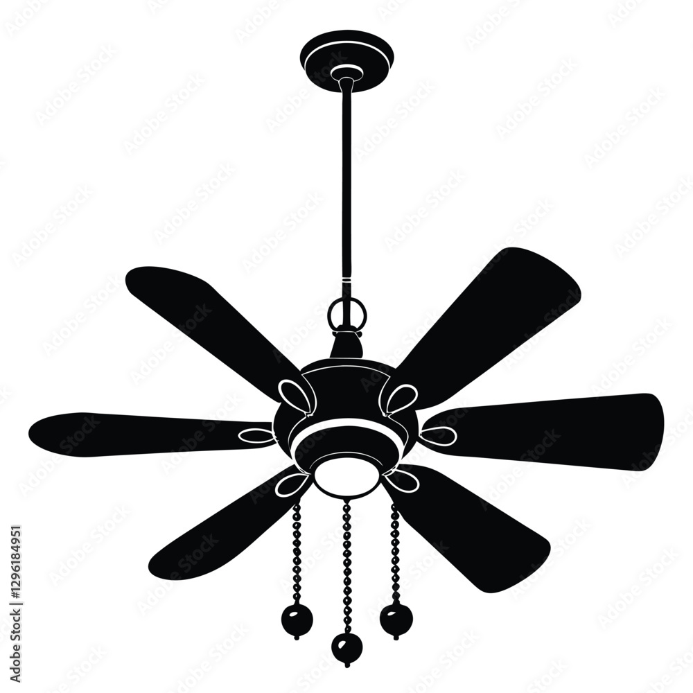 Obraz premium A black silhouette of a classic ceiling fan with five evenly spaced blades, 