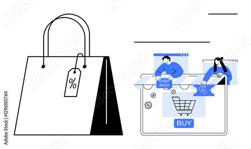Large shopping bag with sale tag and percentage next to digital shopping interface with people, cart, and buy button. Ideal for e-commerce, sales, marketing, online shopping, digital marketing