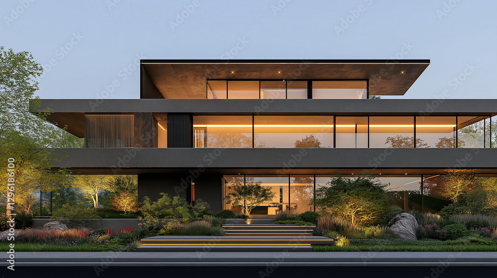 Fototapeta premium Modern Luxury Home: An architectural marvel, a modern luxury home with sleek lines, expansive glass windows, and integrated outdoor spaces, seamlessly blending nature with sophisticated living. 