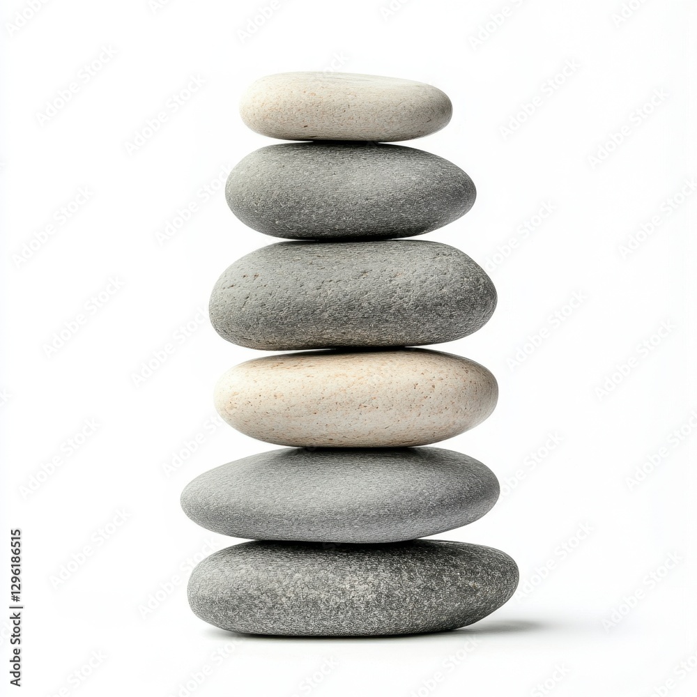 A Balanced Stack of Smooth Pebbles on a White Background