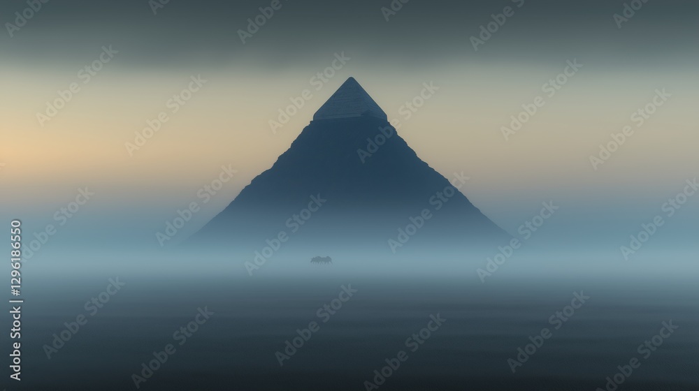 Fototapeta premium A towering pyramid quietly rises from the foggy landscape, reflecting the tranquil atmosphere of early morning in India