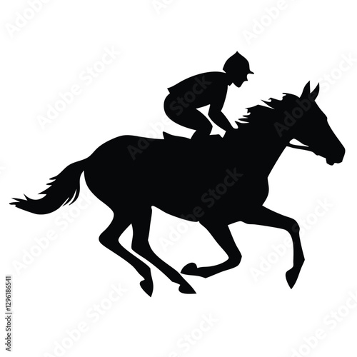 A black silhouette of a jockey riding a galloping horse, captured in mid-motion 