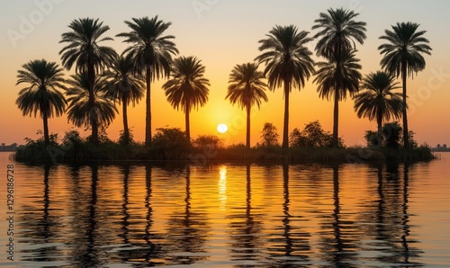 Dawn light casts silhouettes of palm trees as the sun rises over calm waters, creating serene reflections