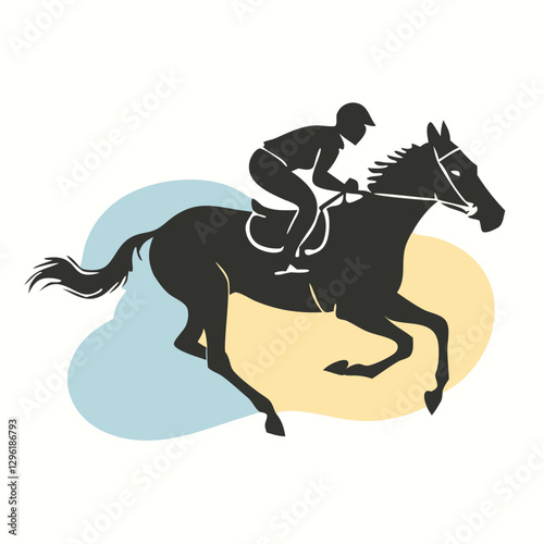 A black silhouette of a jockey riding a galloping horse, captured in mid-motion 