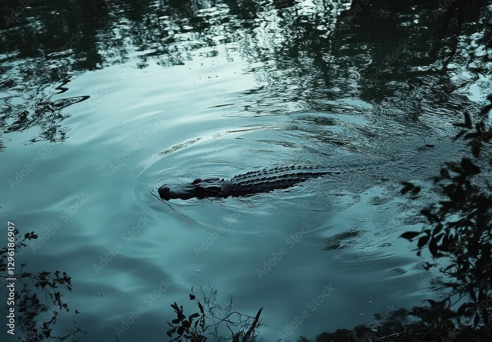 Obraz premium Serene Evening Reflection of a Crocodile Swimming in Calm Waters Surrounded by Lush Greenery and Soft Light Illuminating the Landscape