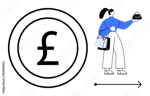 Woman wearing blue top and white pants holding handbags, large pound currency symbol inside circle, black arrow pointing right. Ideal for finance, currency exchange, shopping, investment, consumer