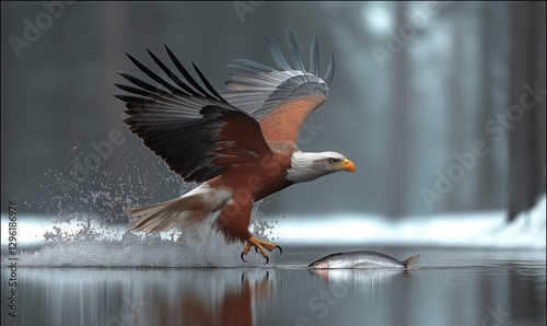 Eagle strikes the water with force, clutching a fish while creating ripples on the serene lake surface