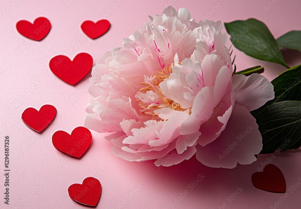 Obraz premium Romantic Pink Peony Flower Surrounded by Bright Red Hearts