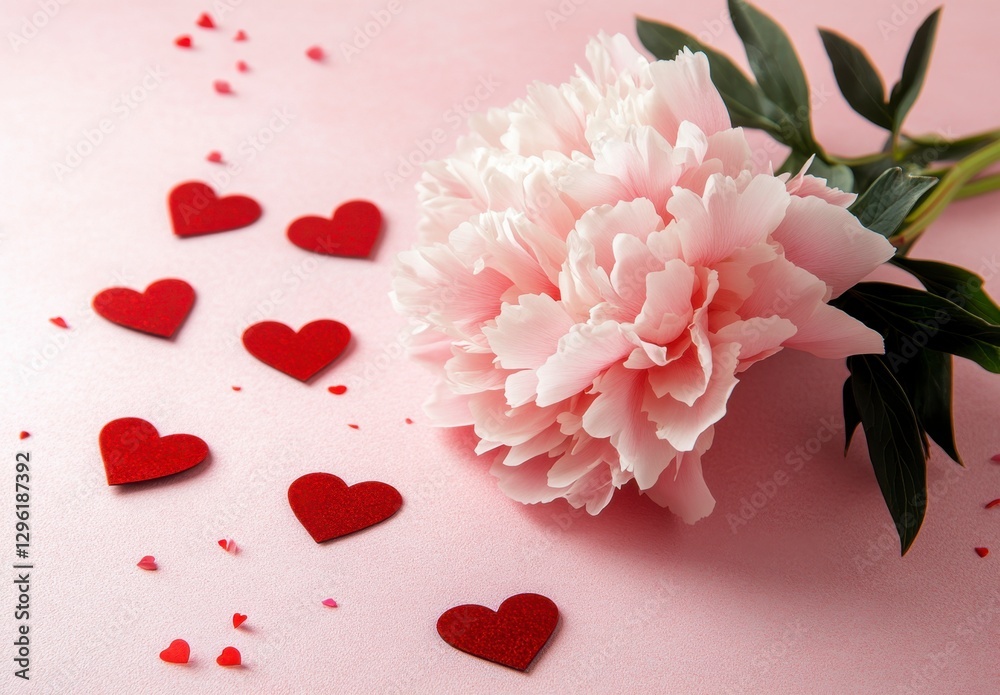 Fototapeta premium Romantic Pink Flower Arrangement with Heart Shapes on Pink Background